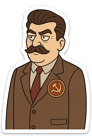 A cartoon image of Joseph Stalin wearing a suite with a large communist party badge sticker