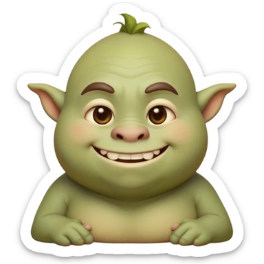 Cinematic Cute Ogre Portrait Emoji, with a surprisingly endearing, plump and huggable figure in soft earthy greens and browns, featuring big, kind eyes and a bashful smile, simplified yet irresistibly adorable, highly detailed with a soft glowing outline that captures the charm of a friendly giant who seems ready for a warm hug! sticker