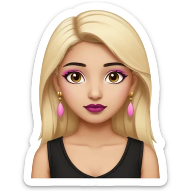 Sweet Indian girl blonde hair darkbrow eyes brown lipstick, pink blush, black top gold earrings, brown eyebrows gold eyeshadow  sticker