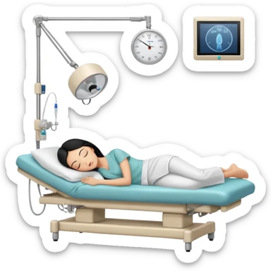 A female patient with black hair lying on an examination bed, head on a pillow and eyes closed, shown in a wide, full-body view in a clean colonoscopy procedure room. No medical staff visible. sticker