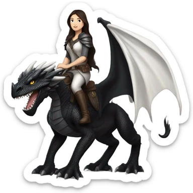 Determined and beautiful armored White Woman with dark brown long hair riding on the back of a giant black dragon sticker