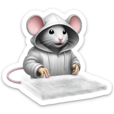 a mouse with a hood, coding on a computer sticker