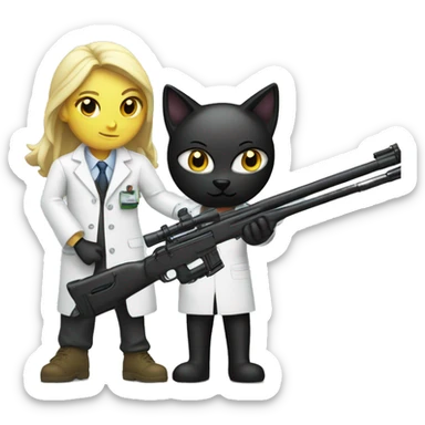 Sniper rifle aiming at black cat wearing a lab coat sticker