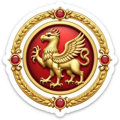 Golden griffin crest / brosch in a circle with red gems and no background sticker