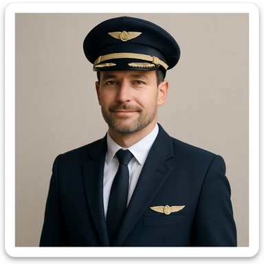 a pilot in modern airline uniform, wearing cap and tie, neutral background sticker
