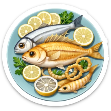 apple style ios emoji minimal round plate of assorted fried fish pescaito frito including anchovies calamari rings small whole fish with lemon wedges and parsley golden brown yellow white soft shading sticker
