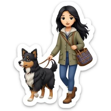 A girl with long black hair walking a Scottish shepherd dog sticker