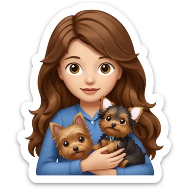 a woman with long wavy brown hair gently holding a Yorkshire Terrier, emoji style sticker