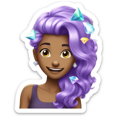 one girl with purple diamond hair, she is feeling happy and elated and excited, make her hair shiny with prisms and angles and edges, now make her hair crystallized, make her hair only crystals no real hair please, only crystallized hair sticker