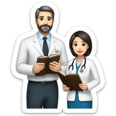 husband american age 64 dark brown hair trimmed beard wearing business suit holding bible together, wife asian age 64 black shoulder length hair wearing nurse uniform, no children sticker