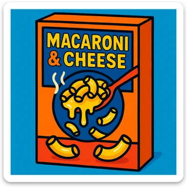 a box of macaroni and cheese, bright packaging, noodles and cheese visible, fun and appetizing sticker