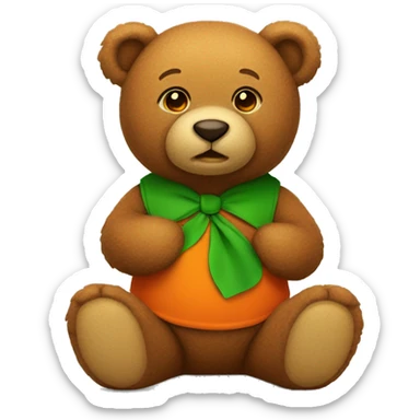 a brown sitting teddy bear wearing a green shirt with an orange irish leave  sticker