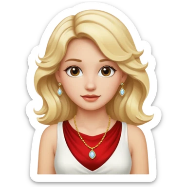 a wavy blonde girl with white sexy dress, having necklace and earing sticker