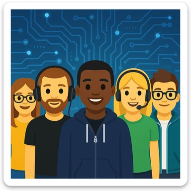 Make the group of five team members look techy by adding subtle tech accessories or backgrounds while keeping the emoji style and group pose. The style should resemble emoji style with simple, colorful, and expressive faces and poses, but with a techy vibe added. sticker