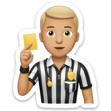 A calm referee with striped shirt, pointing clearly toward the field wearing whistle as a necklace sticker