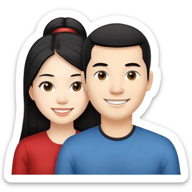 1 Vietnamese couple, the smiling man has white skin, neatly gelled undercut hair, black hair. The woman has long straight hair split 7:3 black, white skin sticker