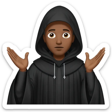 Black man wearing a long black robe with a tall pointed hood, face fully covered except for two small eye holes, standing confidently with hands gesturing in conversation. sticker