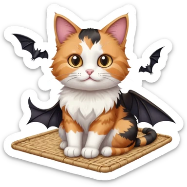 cat sitting on a mat with two bats flying nearby sticker