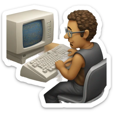 Graphic designer working on an oldest computer sticker