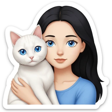 Mujer de pelo negro, con ojos cafés, abrazando a un gato blanco, con ojos azules ￼ sticker