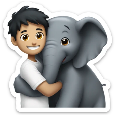 Boy with white skin and black hair hugs an smiling elefant sticker