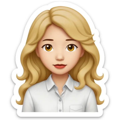 Asian woman, white button-up shirt, long permed wavy hair, emoji style, simple flat colors, transparent background. sticker
