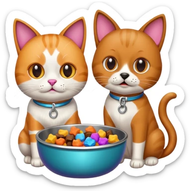a cat and a dog eating treats from a bowl sticker