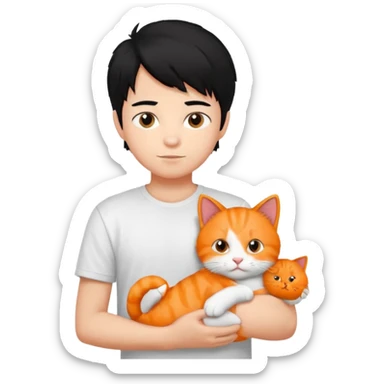 generate a pretty bratz emoji of a boy with black hair wearing a white tshirt and holding a cat sticker