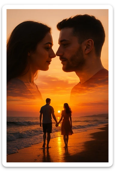 Una doppia esposizione cinematografica di noi di profilo, con un paesaggio di spiaggia al tramonto integrato nella silhouette.
La scena interna ci mostra entrambi camminare sulla sabbia bagnata, tenendoci per mano, con le onde del mare che si infrangono è facile e un cielo colorato dagli ultimi raggi di sole. Atmosfera calda e intima, toni dorati arancioni, dettagli fini ed espressivi, risoluzione 8K. sticker