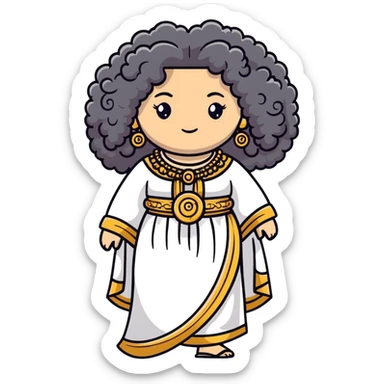 Stunning Greek-inspired character with massive voluminous curly hair flowing down, ornate traditional jewelry, and cute stylish Greek clothing sticker