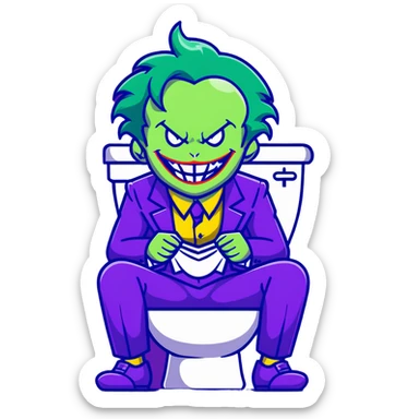 Joker villain sitting on toilet laughing maniacally, green hair, purple suit sticker