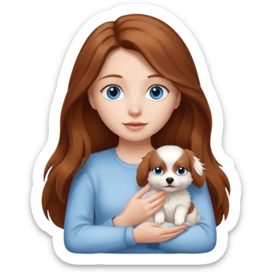 long hair chestnut color blue eyes woman holding small white dog sticker
