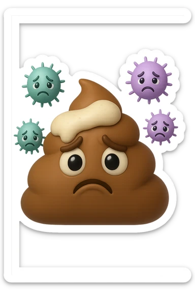 emoji stile iphone 3d di una cacca con muco bianco sopra, dietro cui fluttuano batteri intestinali tristi, iperrealistiche 4k sticker