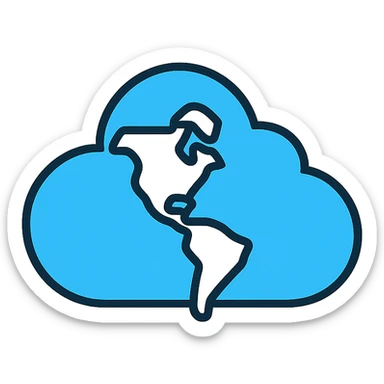 stylized cloud with subtle map of the Americas, icon style, flat design, blue and white sticker