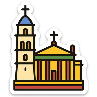 minimalist Discord role icon of Vilnius Cathedral Lithuania, clear lines, hint of Lithuanian flag colors sticker