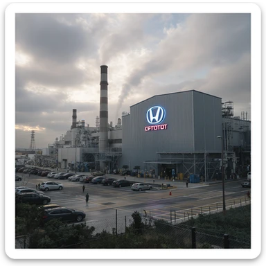 Realistic car factory exterior, large industrial building with smokestacks, parking lots filled with cars, factory grounds with machinery and equipment, realistic lighting and shadows, industrial atmosphere, workers in uniforms walking around, company logo on the building sticker