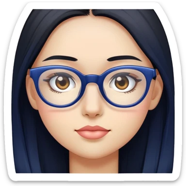 Create a girl with mid short kinda long black hair, shes light tan pinkish with dark blue glasses on the top and clear on the bottom sticker