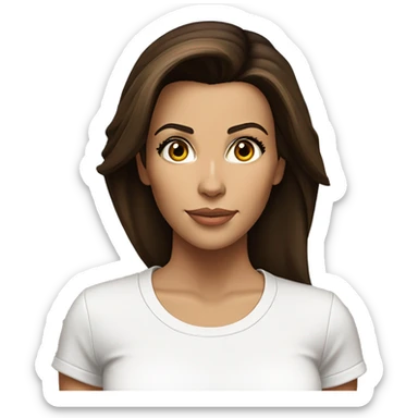 3/4 face, contrasted, shadow, light, Eva Longoria expression, standing, thin nose, brunette woman, hazel eyes, long eyelashes, dark shoulder shaded hair, white t-shirt, jeans, white sneakers sticker
