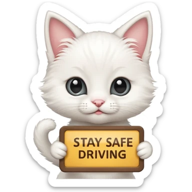 Cute White kitten with a sign that says, Stay safe driving! sticker