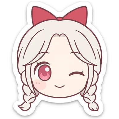 Create a simple chibi face-only version of QT with silver white hair parted in the middle into two braids with loose hair, big red ribbon bow, pink irises, pale skin, and a cute chibi expression. Minimalist, clean lines, no background. sticker