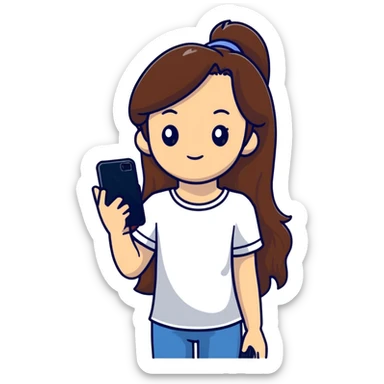 girl with long brown hair wearing a white top holding a smartphone sticker