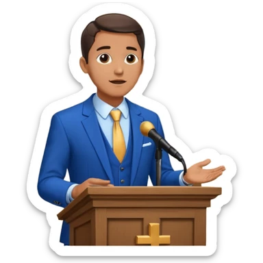 pastor with blue suits preaching in front of a pulpit with a cross behind him on the wall sticker