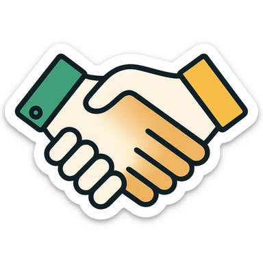 Edit the image to depict one Caucasian hand and one African American hand shaking with thinner black outlining. Use a professional style with a green, white, and gold color scheme. The look should be modern with rounded shapes and a simple design, with no background. sticker