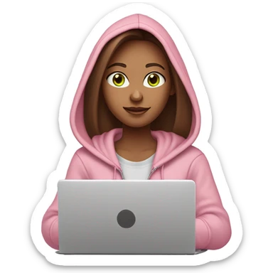 a girl with brown long hair, fair skin, green eyes, is working relaxed at a modern laptop in a monochrome pale pink zip hoodie with a hood and a pink monochrome T-shirt sticker