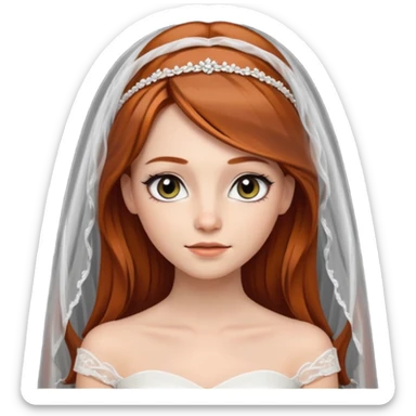 милая девушка невеста с фатой, с рыжими прямыми волосами по плечи, с черными макияжем глаз, тонкими бровями, в стиле Apple avatar sticker