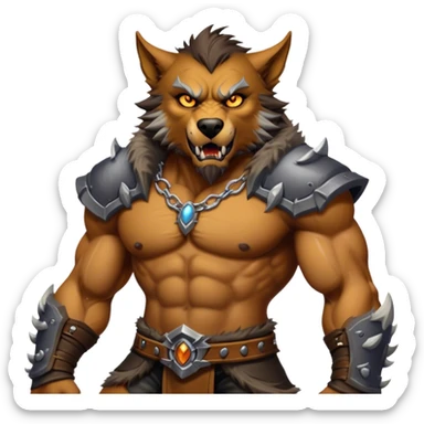 Cinematic Realistic WoW Worgen Portrait, captured in a dynamic, battle-ready stance, muscles rippling beneath his wild fur and tanned skin. His fierce, amber eyes and determined features, set against consistently detailed, worn leather attire, are rendered with dramatic natural lighting and high shine, embodying the raw, relentless fury of a worgen warrior in combat. sticker
