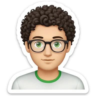 young man with dark tall voluminous curly hair styled up high on head, wearing glasses with green eyes and very light stubble, with a slight smile sticker