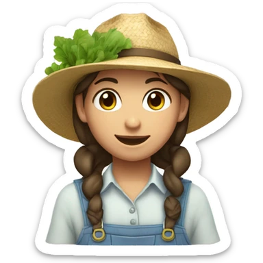 farmer girl, light blue eyes, dark brown hair, with a straw hat, ponytail, holding greens sticker