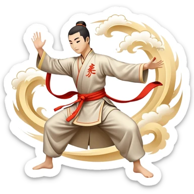 Emblem symbolizing Wushu martial arts. A graceful martial artist performs a dynamic kung fu pose, with flowing movements and a long, elegant robe. The background features stylized clouds and traditional Chinese symbols, representing fluidity, balance, and precision. Transparent background. sticker
