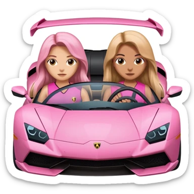 Make car far away so I can see full car Car facing forward in sports car. Make hair long  two girls in car far away Front of car sitting in the seats. Make it a pink sports car. They are two baddies make it a Lamborghini pink car  sticker